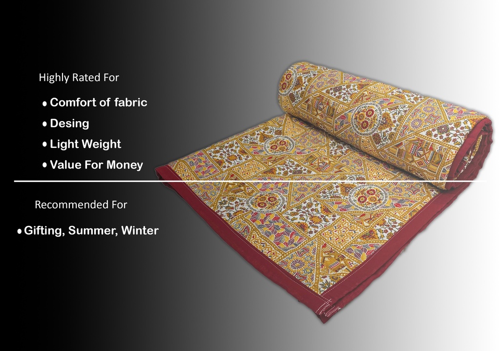Golden Floral Printed Cotton Quilt